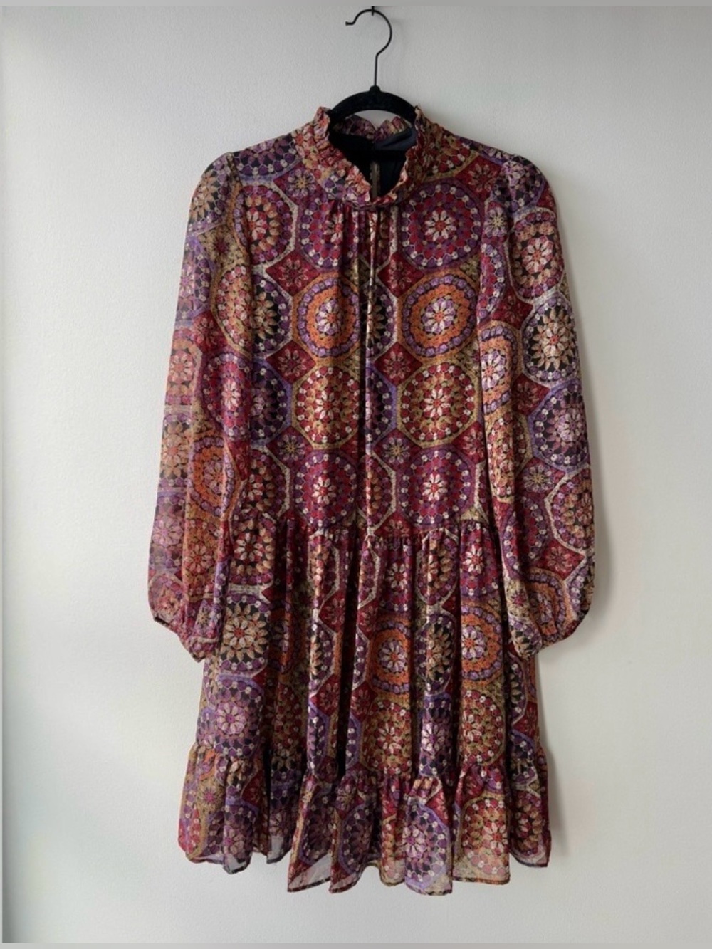 GABBY SKYE | Floral Mosaic Prints Ruffled Long Sleeves Dress